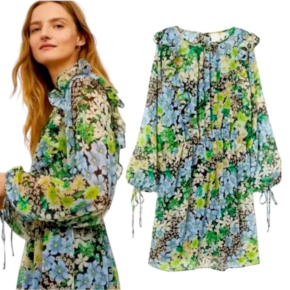 🌸 3/$15 NWT H&M Green Floral Chiffon Ruffle Trim Dolman Sleeves Dress XL